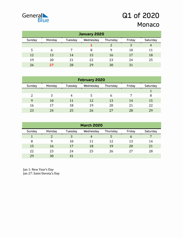 Quarterly Calendar 2020 with Monaco Holidays