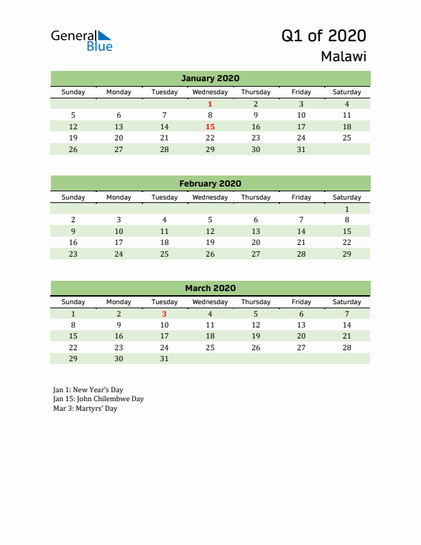 Quarterly Calendar 2020 with Malawi Holidays