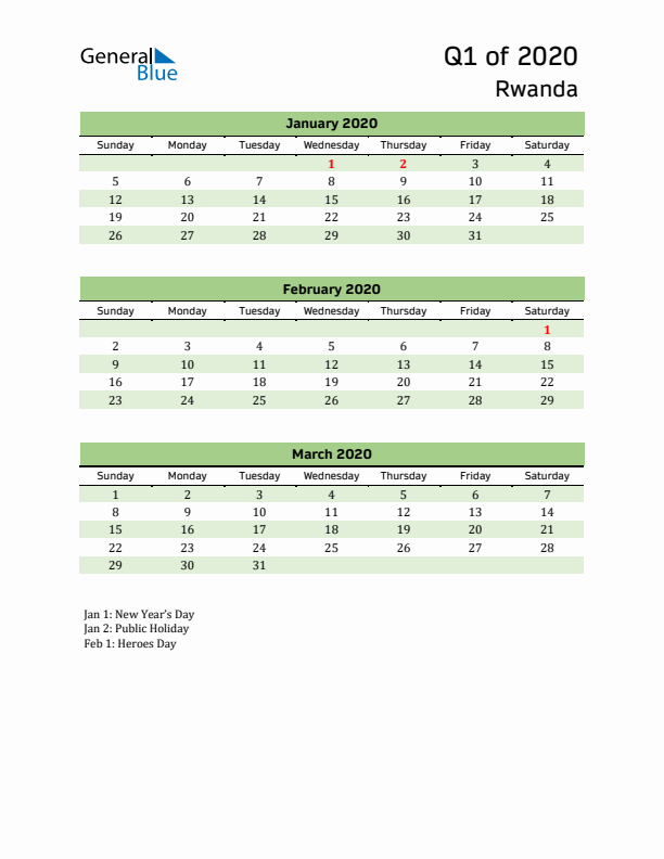 Quarterly Calendar 2020 with Rwanda Holidays
