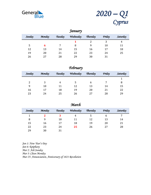 January, February, and March Calendar for Cyprus
