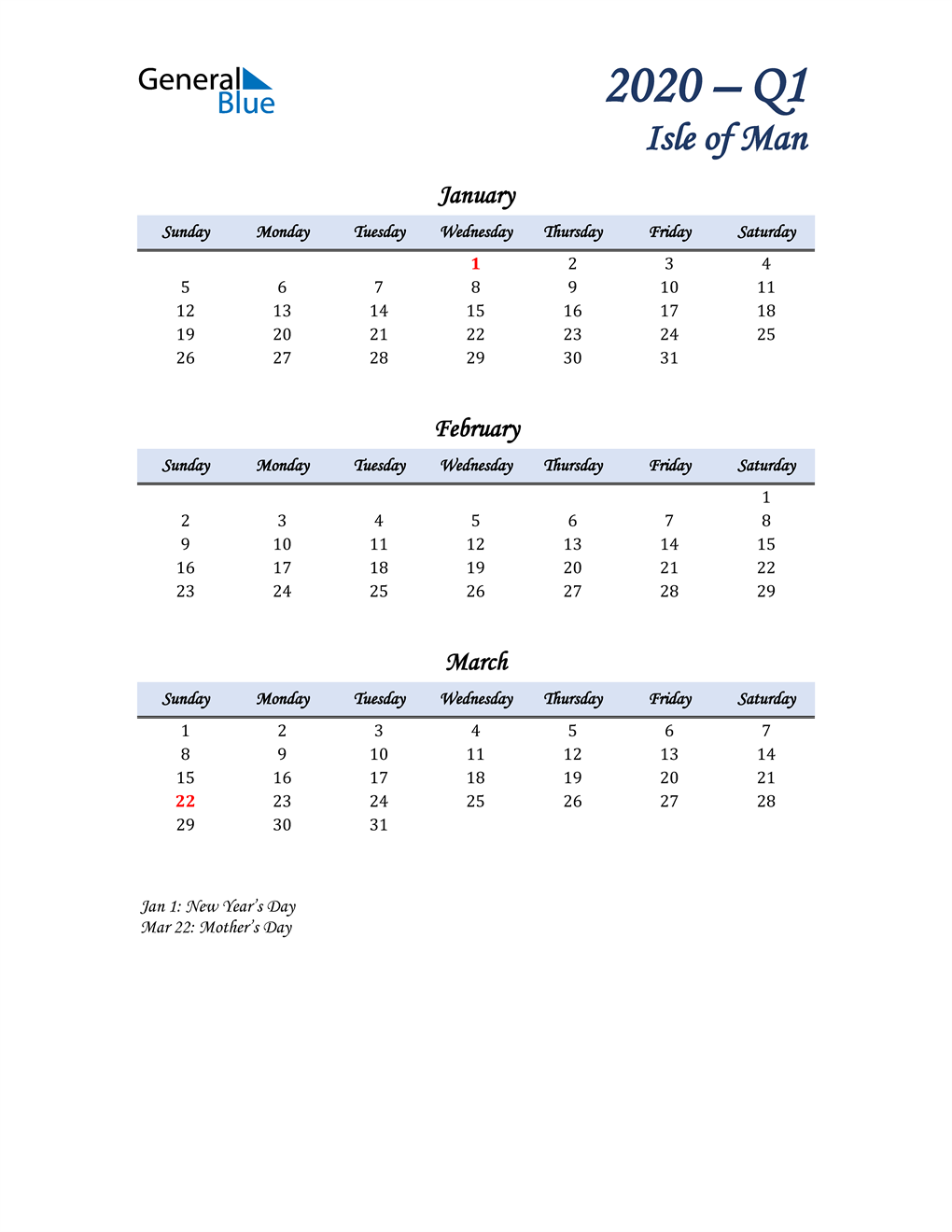  January, February, and March Calendar for Isle of Man
