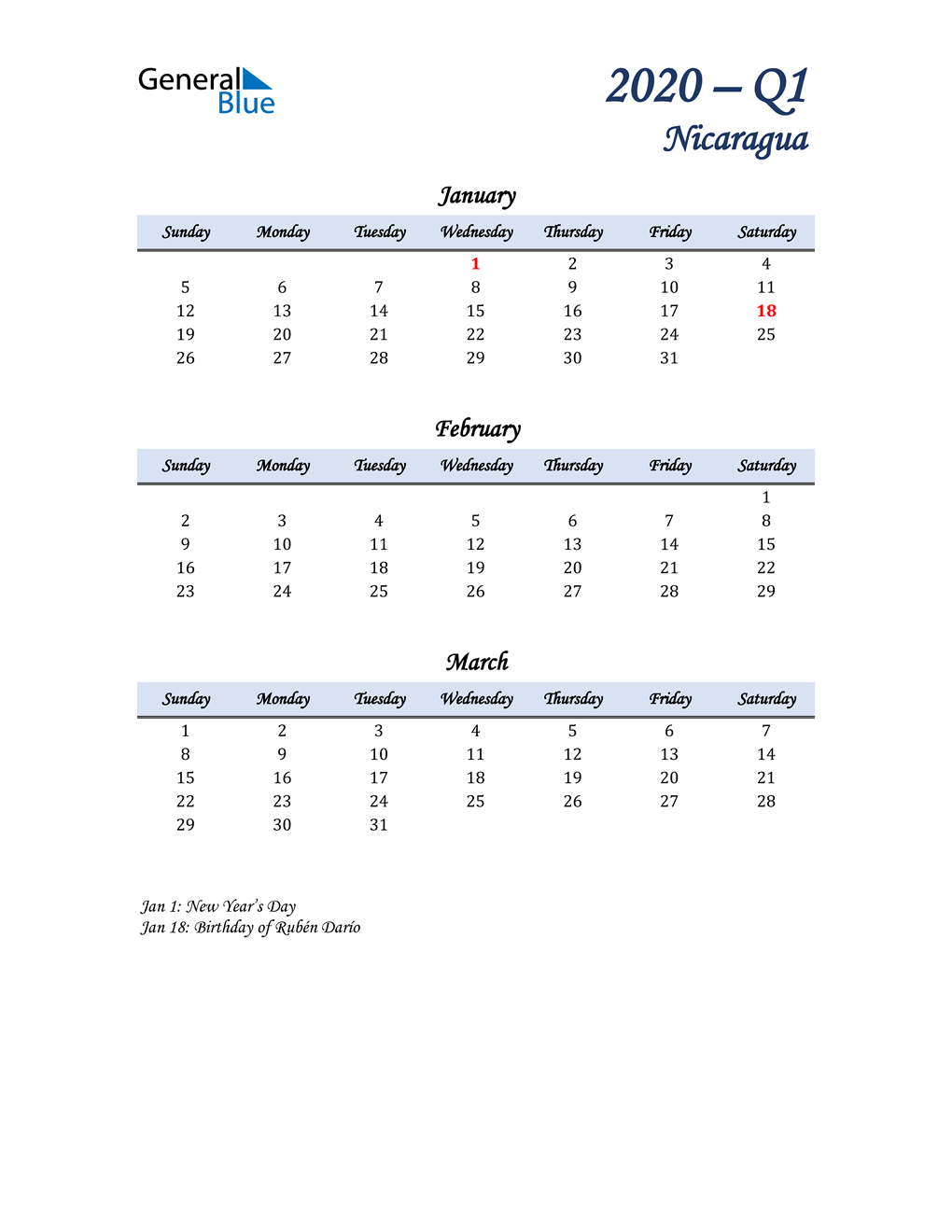  January, February, and March Calendar for Nicaragua