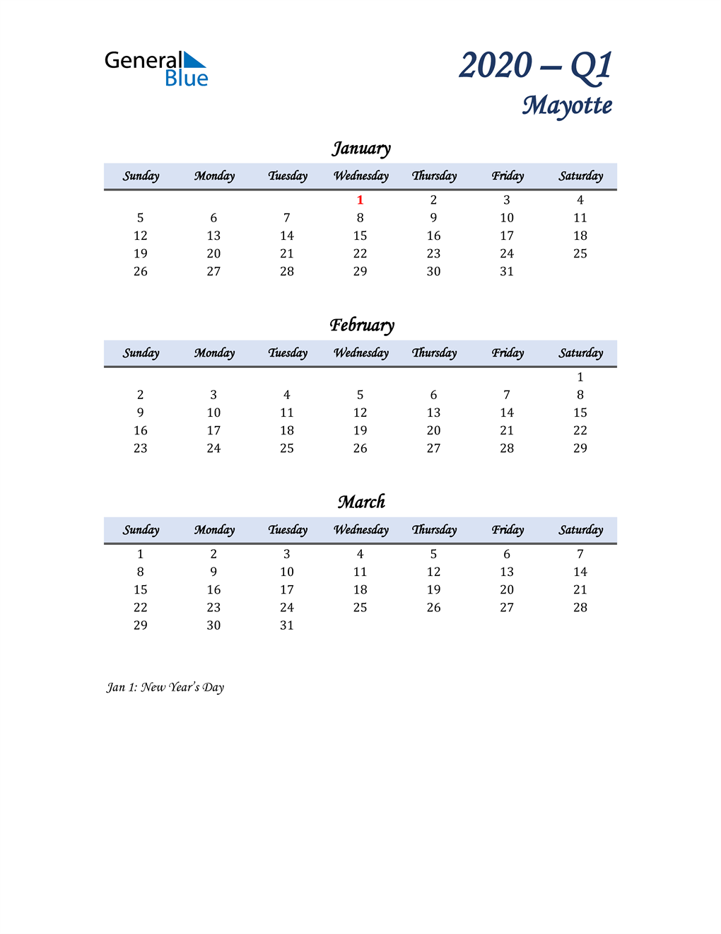  January, February, and March Calendar for Mayotte