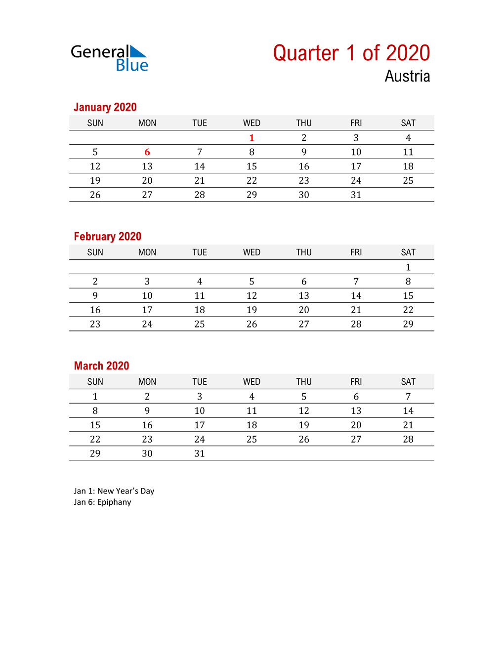  Printable Three Month Calendar for Austria
