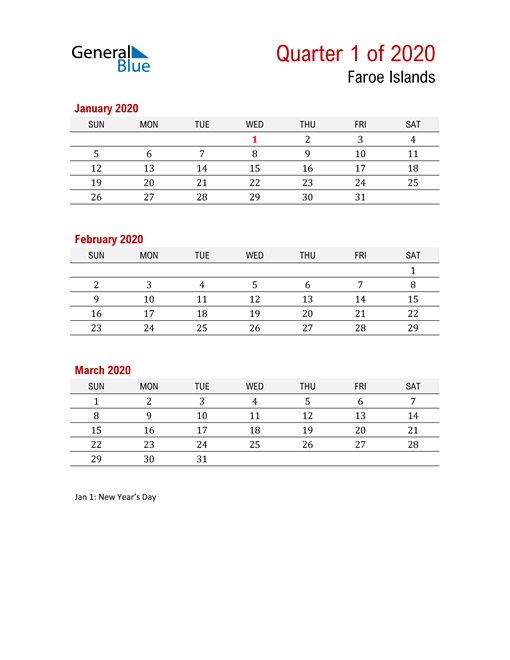  Printable Three Month Calendar for Faroe Islands