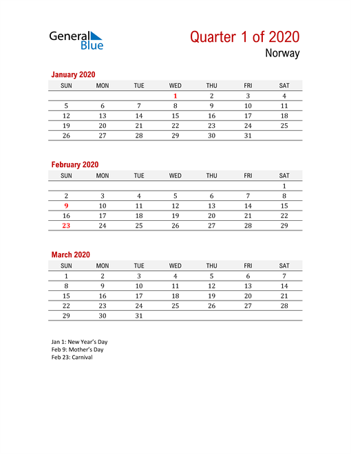  Printable Three Month Calendar for Norway