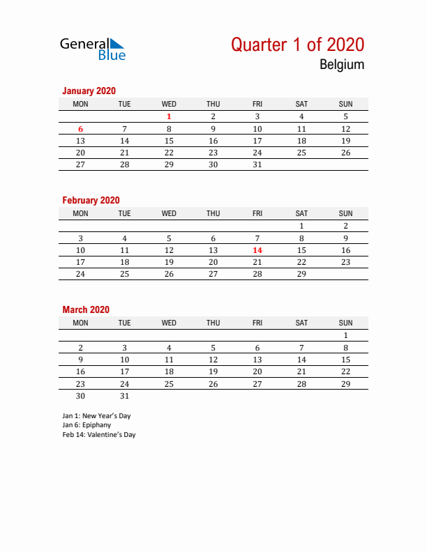Printable Three Month Calendar with Belgium Holidays