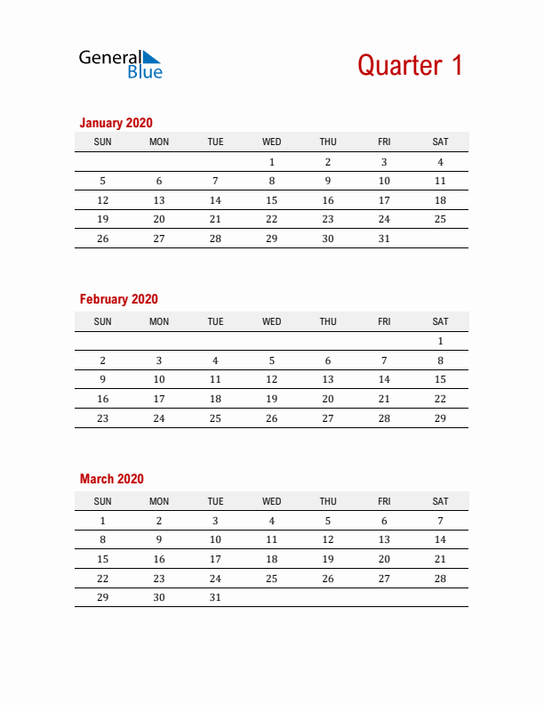 Three-Month Printable Calendar 2020