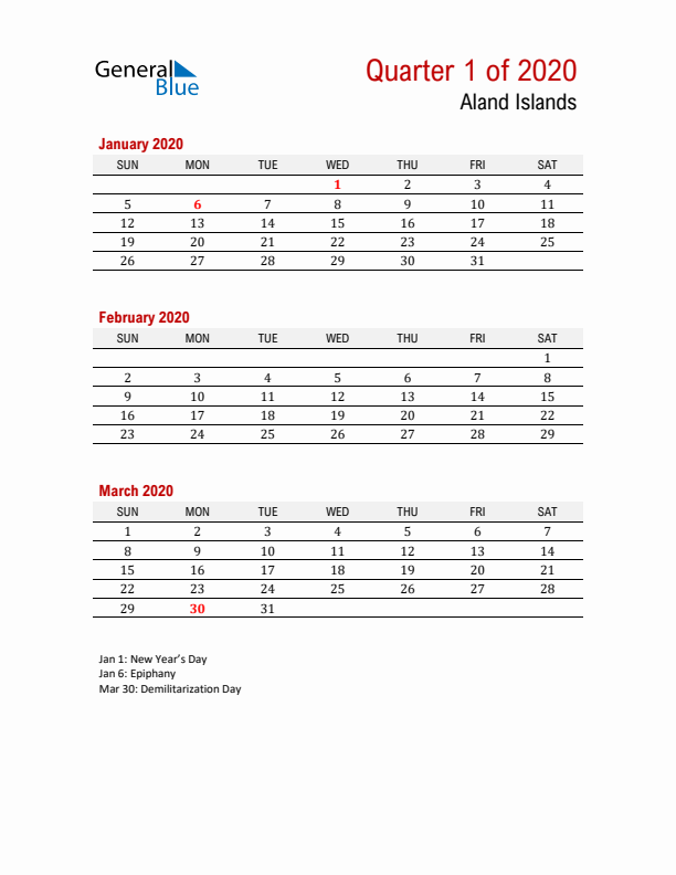 Printable Three Month Calendar with Aland Islands Holidays