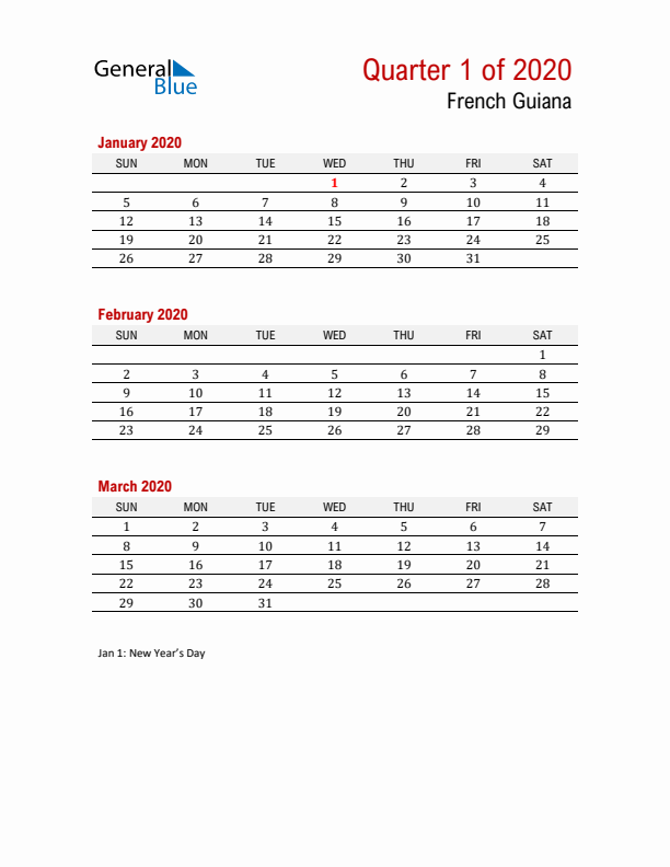 Printable Three Month Calendar with French Guiana Holidays