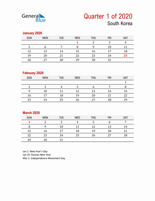 Printable Three Month Calendar with South Korea Holidays