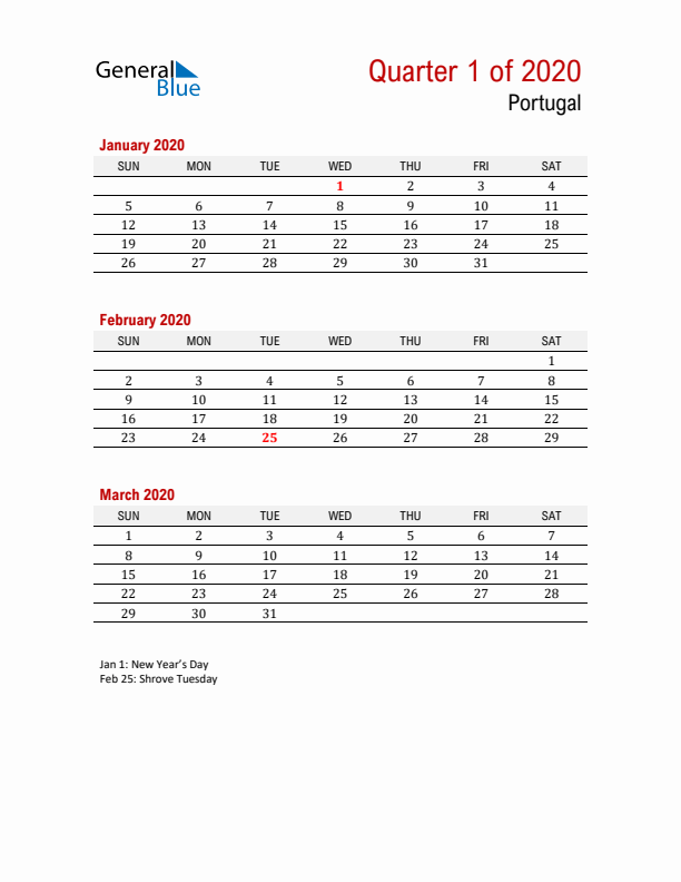 Printable Three Month Calendar with Portugal Holidays