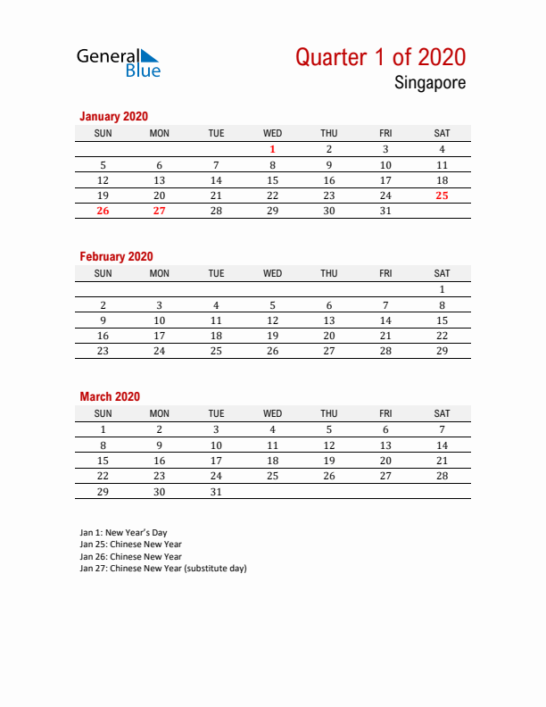 Printable Three Month Calendar with Singapore Holidays