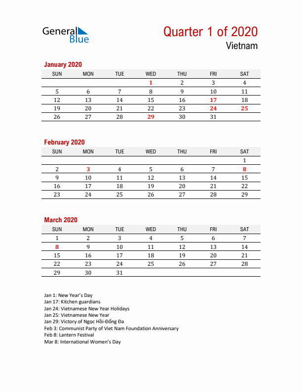 Printable Three Month Calendar with Vietnam Holidays