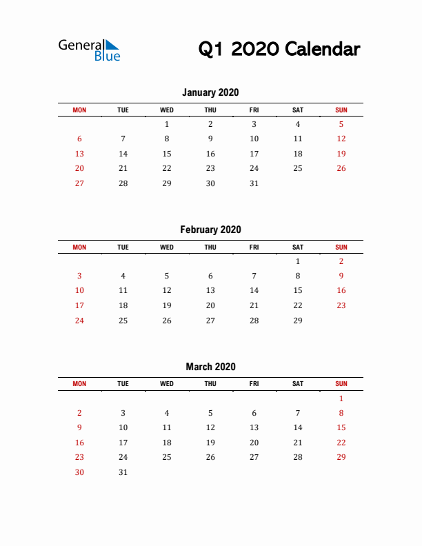 2020 Q1 Calendar with Red Weekend