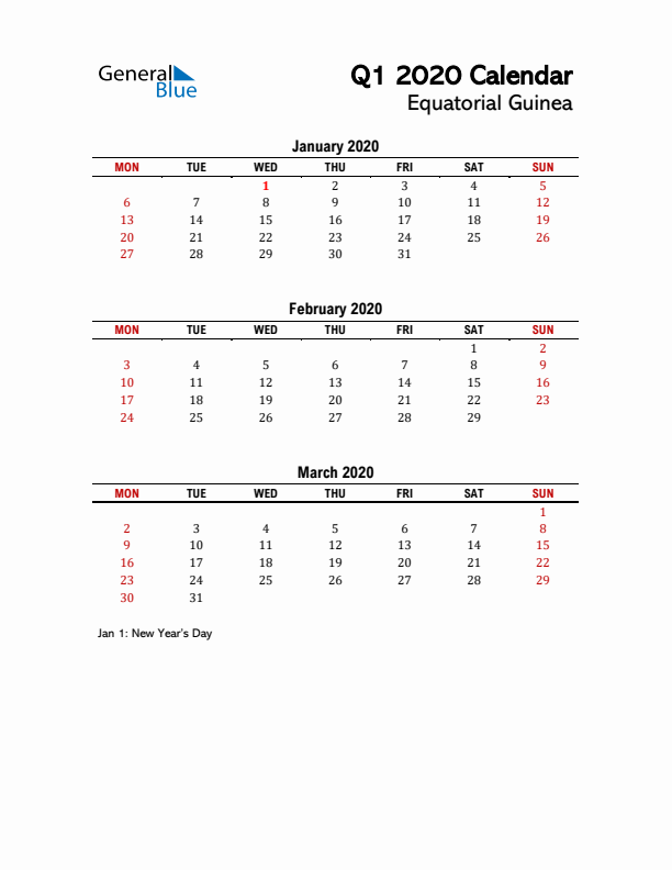 2020 Q1 Calendar with Holidays List for Equatorial Guinea