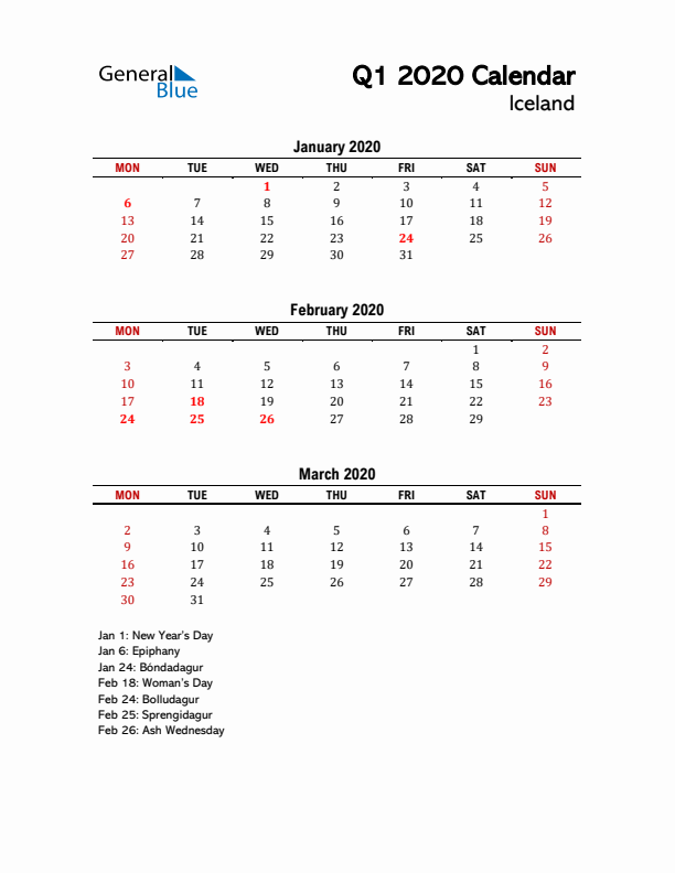 2020 Q1 Calendar with Holidays List for Iceland