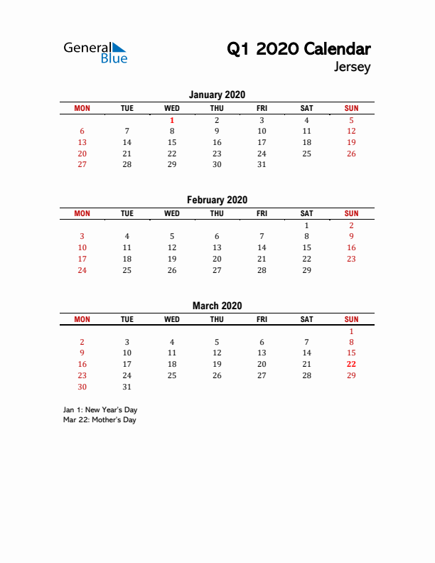 2020 Q1 Calendar with Holidays List for Jersey