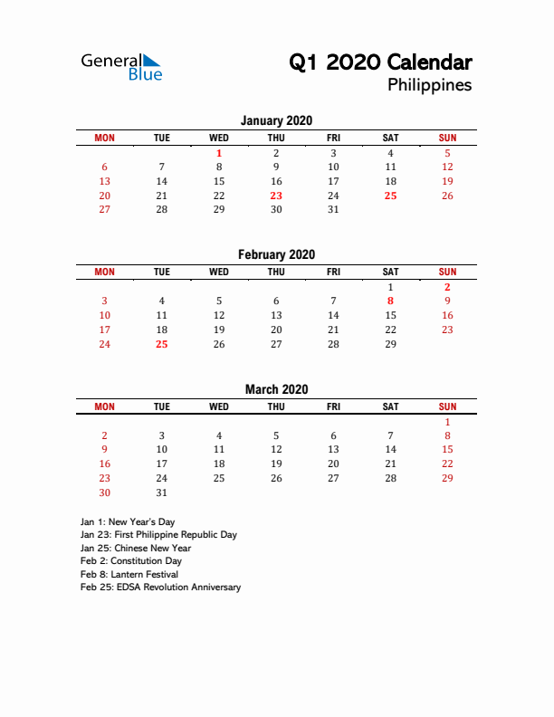 2020 Q1 Calendar with Holidays List for Philippines