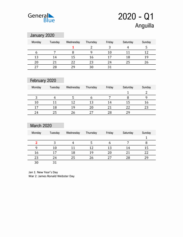 Anguilla Quarter 1 2020 Calendar with Holidays