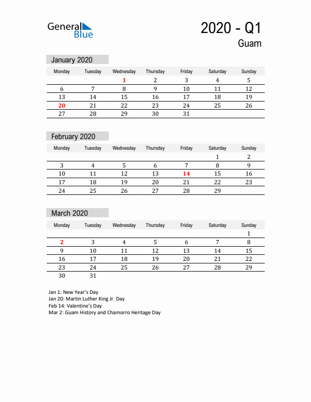 Guam Quarter 1 2020 Calendar with Holidays