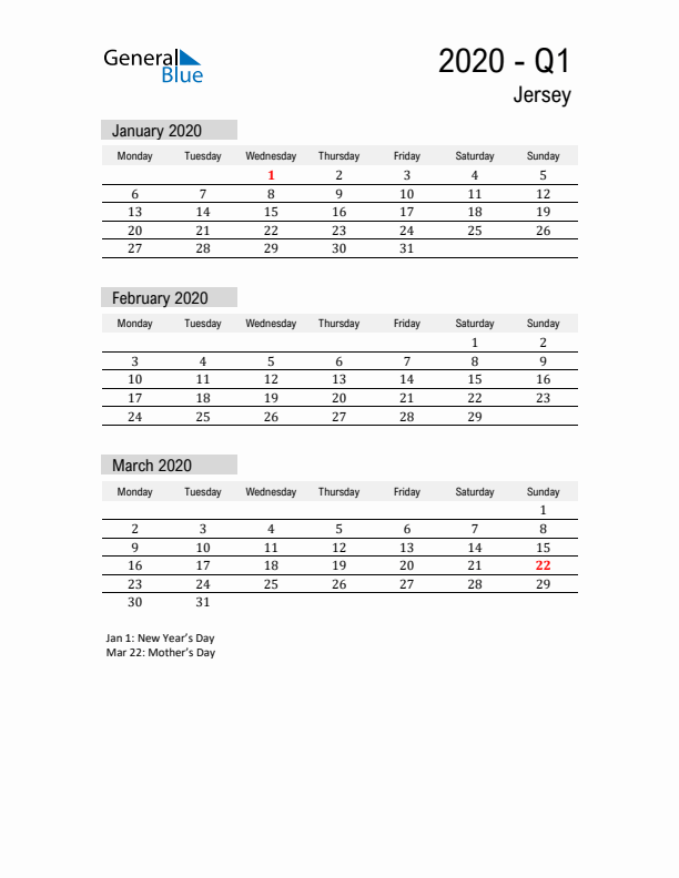 Jersey Quarter 1 2020 Calendar with Holidays