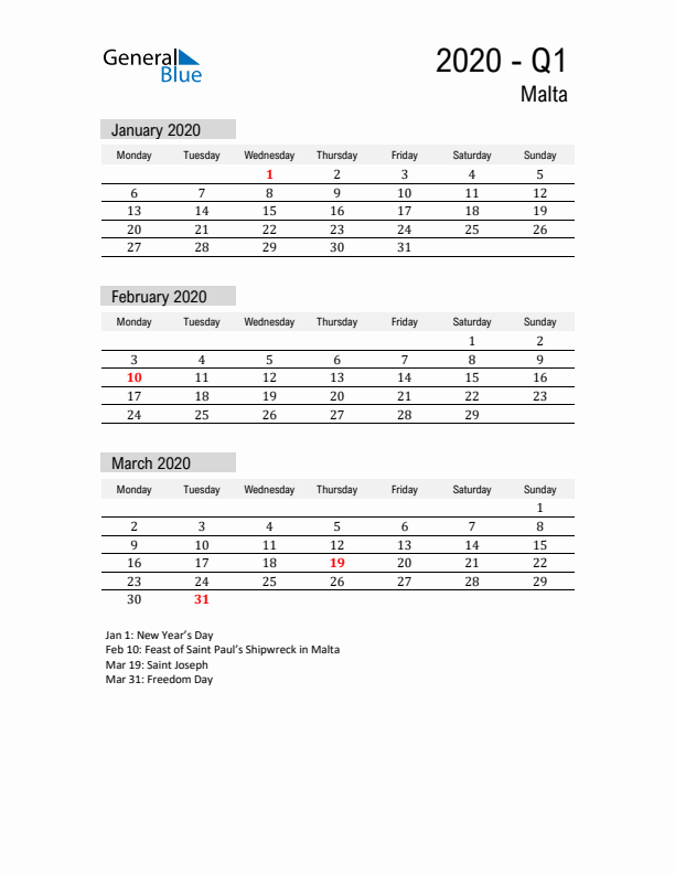 Malta Quarter 1 2020 Calendar with Holidays