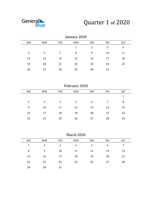  2020 Three-Month Calendar