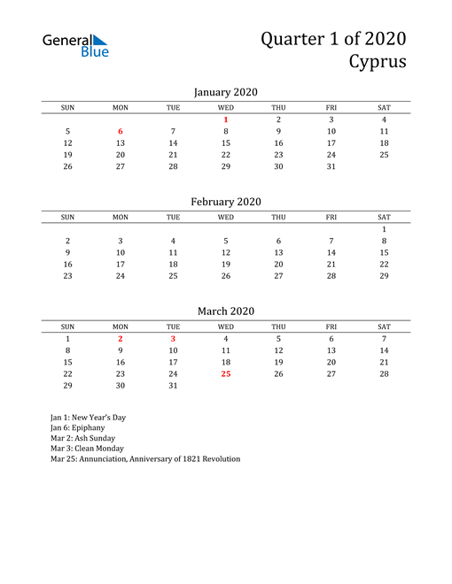  2020 Cyprus Quarterly Calendar