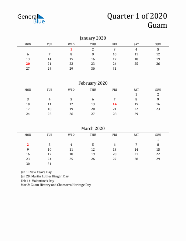 Quarter 1 2020 Guam Quarterly Calendar
