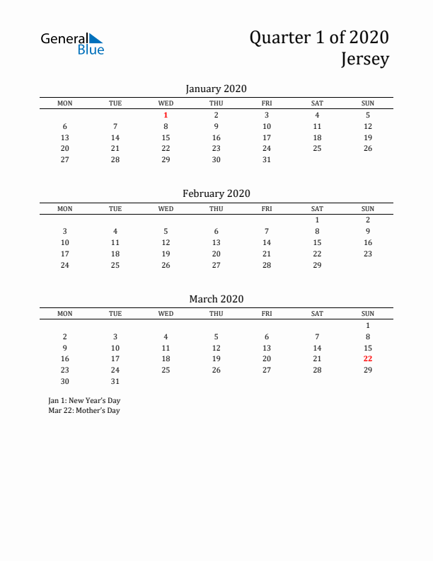 Quarter 1 2020 Jersey Quarterly Calendar