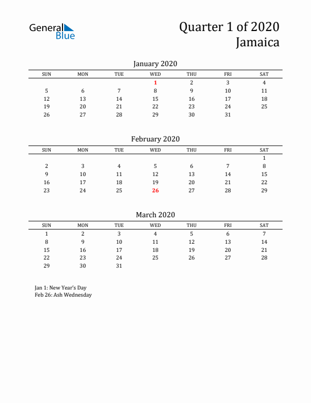 Quarter 1 2020 Jamaica Quarterly Calendar