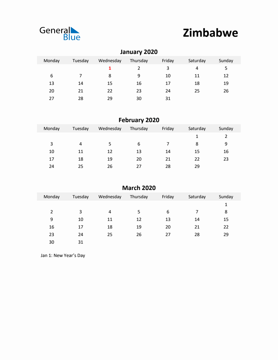 Printable Quarterly Calendar With Notes And Zimbabwe Holidays Q1 Of 2020 6830