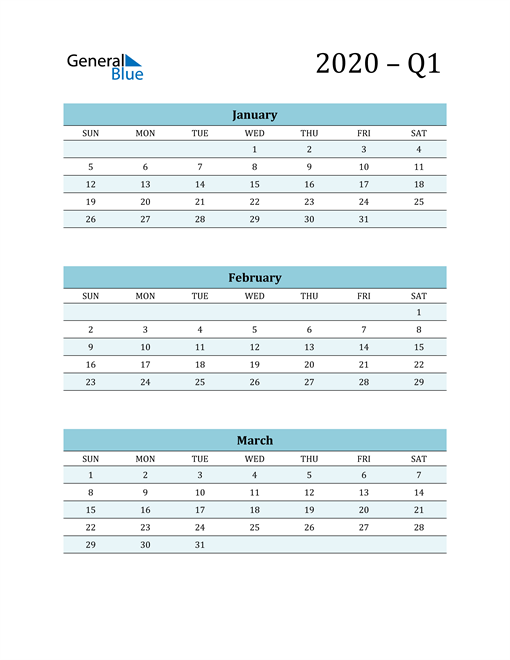  January, February, and March 2020 Calendar