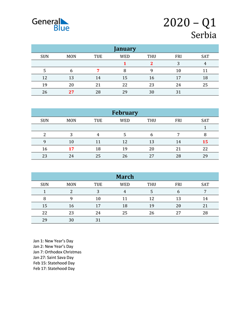  Three-Month Planner for Q1 2020 with Holidays