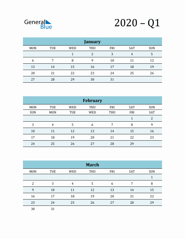 January, February, and March 2020 Calendar