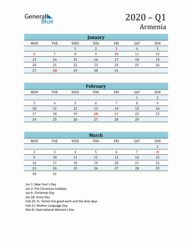 Three-Month Planner for Q1 2020 with Holidays - Armenia