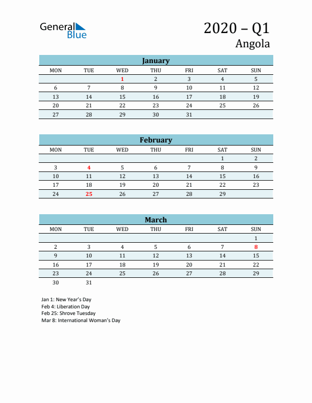 Three-Month Planner for Q1 2020 with Holidays - Angola