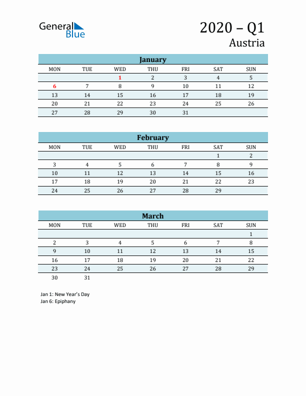Three-Month Planner for Q1 2020 with Holidays - Austria