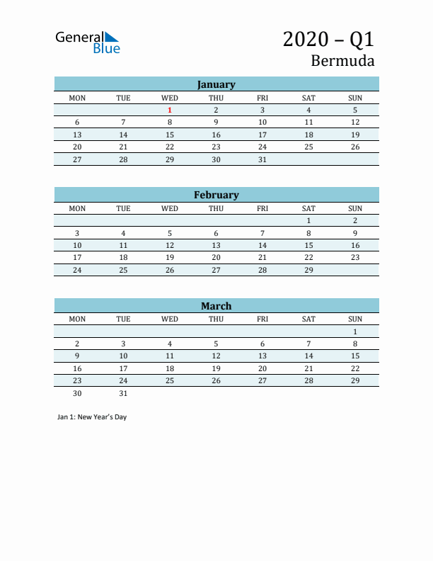 Three-Month Planner for Q1 2020 with Holidays - Bermuda