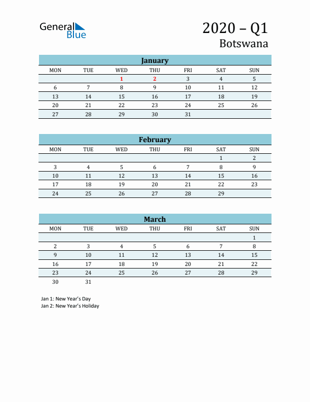 Three-Month Planner for Q1 2020 with Holidays - Botswana