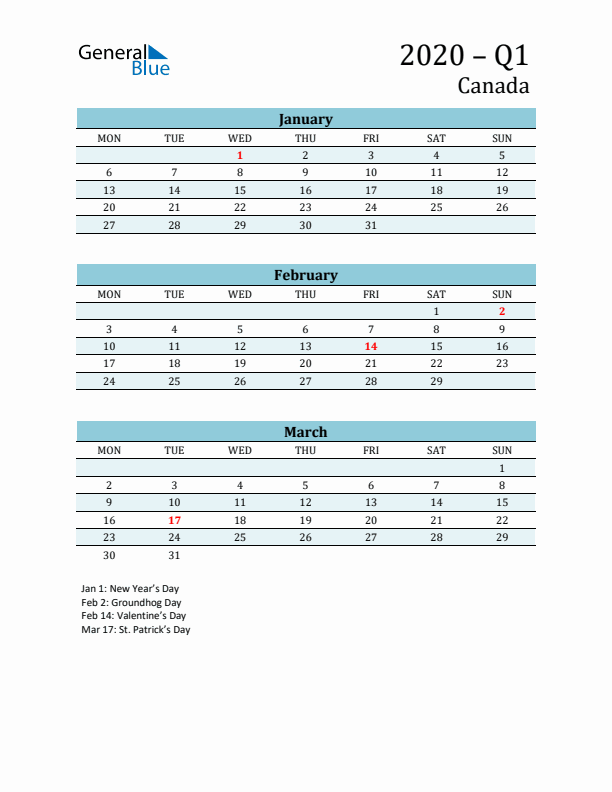 Three-Month Planner for Q1 2020 with Holidays - Canada