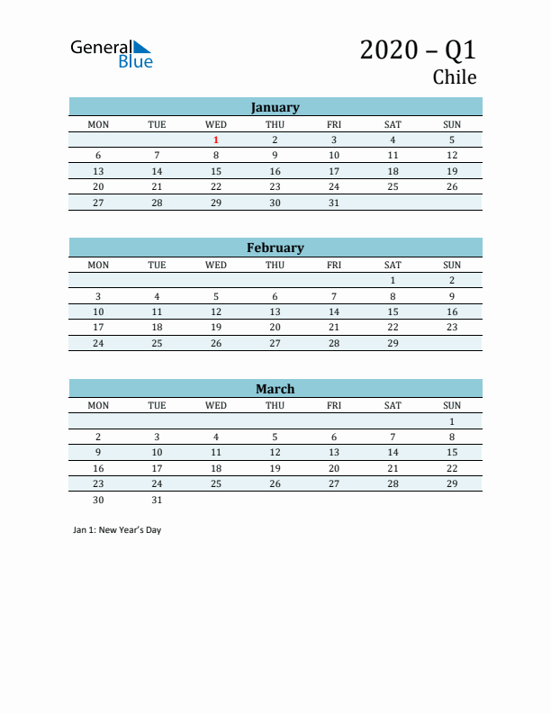 Three-Month Planner for Q1 2020 with Holidays - Chile