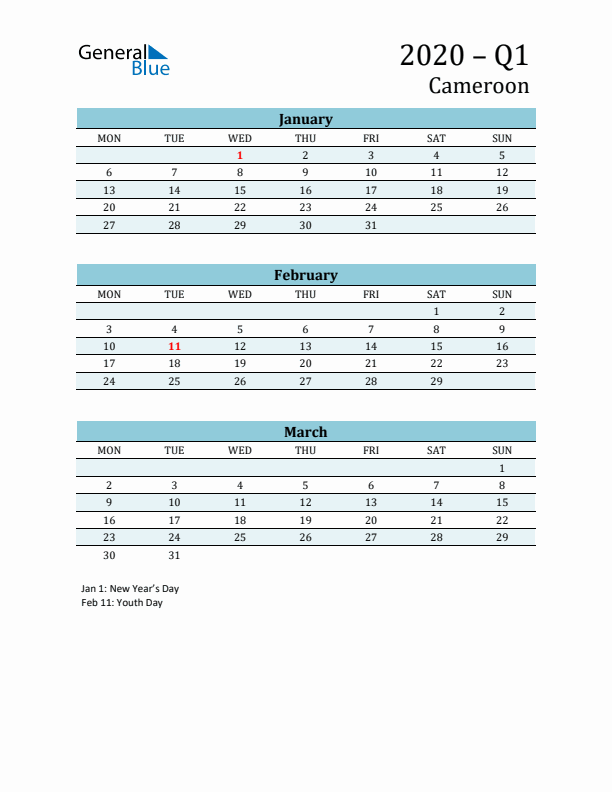 Three-Month Planner for Q1 2020 with Holidays - Cameroon