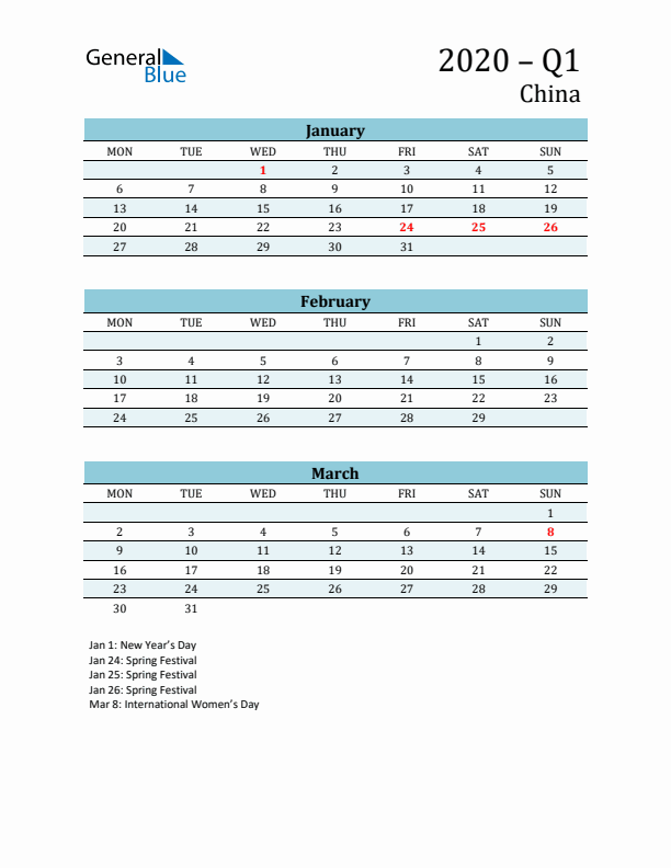 Three-Month Planner for Q1 2020 with Holidays - China