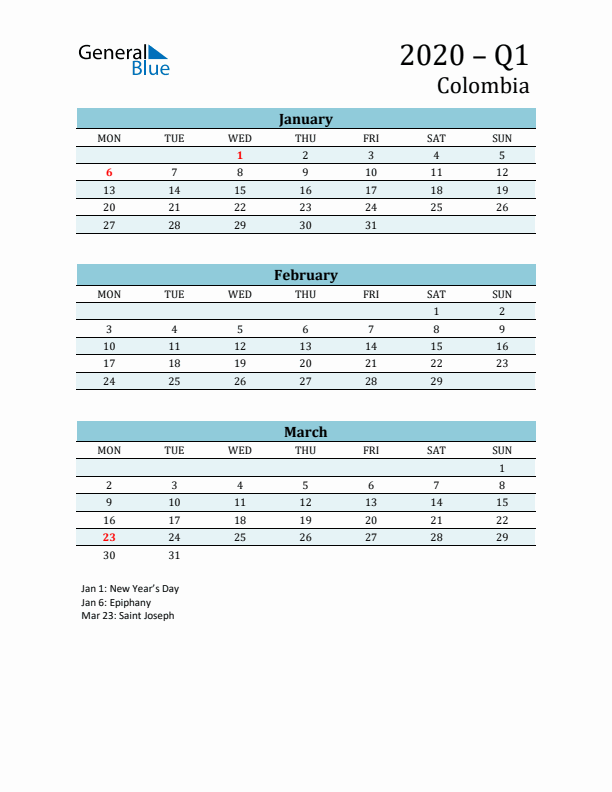Three-Month Planner for Q1 2020 with Holidays - Colombia