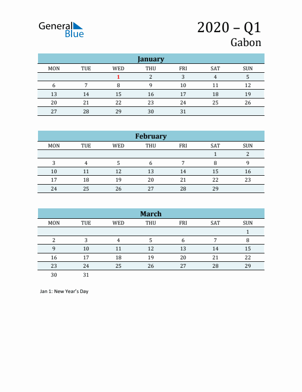 Three-Month Planner for Q1 2020 with Holidays - Gabon