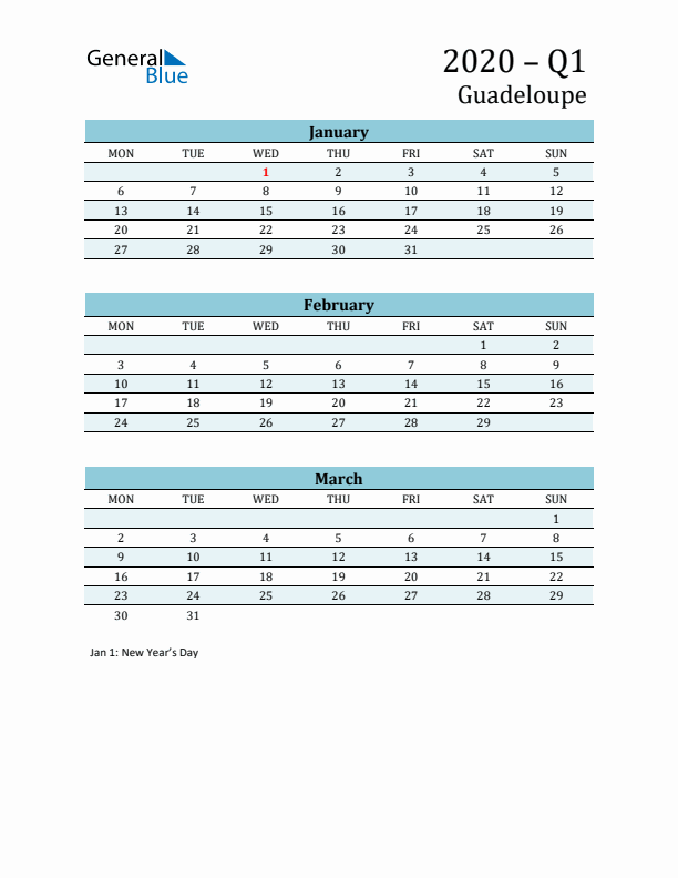 Three-Month Planner for Q1 2020 with Holidays - Guadeloupe