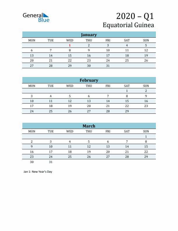 Three-Month Planner for Q1 2020 with Holidays - Equatorial Guinea