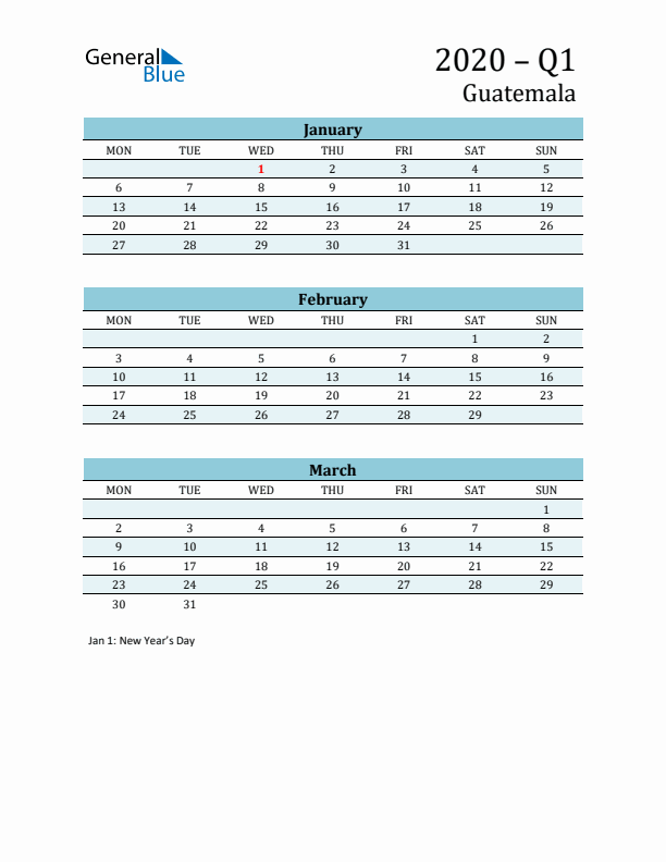 Three-Month Planner for Q1 2020 with Holidays - Guatemala